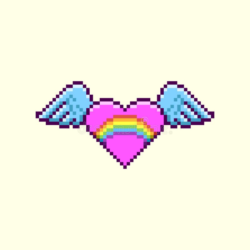 Semplice disegno di pixel piatti illustrazione di un carro animato con cuore rosa alato con arcobaleno lgbt all'interno illustrazione vettoriale