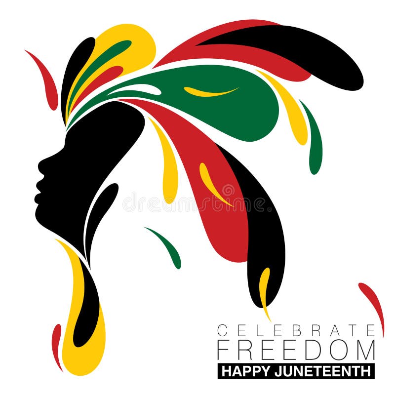 Simple splash of abstract designs around a black silhouette of a woman for Juneteenth in national colors on an isolated white background. Simple splash of abstract designs around a black silhouette of a woman for Juneteenth in national colors on an isolated white background