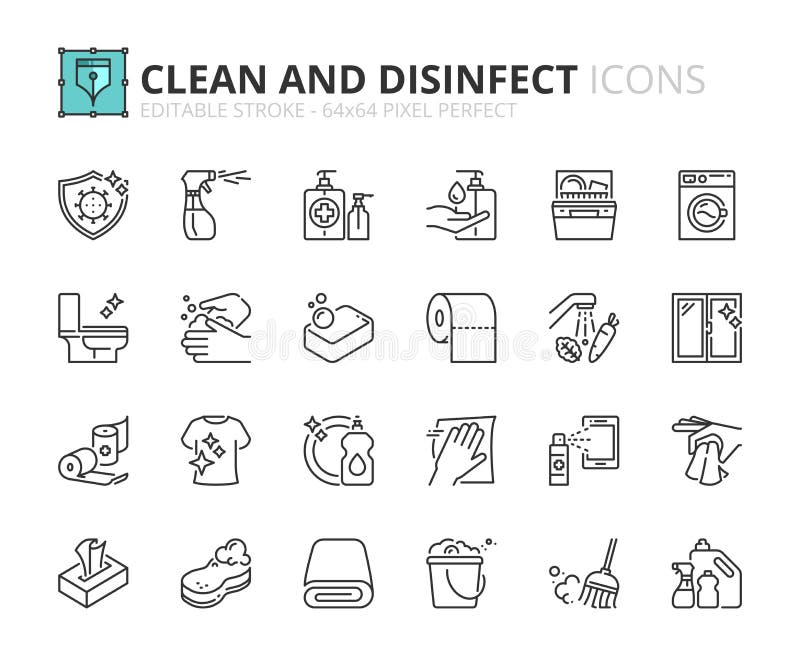 Semplice set di icone dei contorni sulla pulizia e la disinfezione