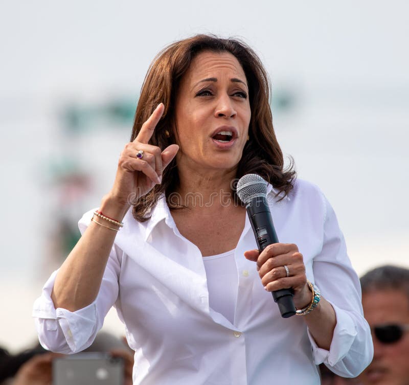 Des Moines, Iowa / USA - August 10, 2019: United States Senator and Democratic presidential candidate Kamala Harris greets supporters at the Iowa State Fair political soapbox in Des Moines, Iowa. Des Moines, Iowa / USA - August 10, 2019: United States Senator and Democratic presidential candidate Kamala Harris greets supporters at the Iowa State Fair political soapbox in Des Moines, Iowa