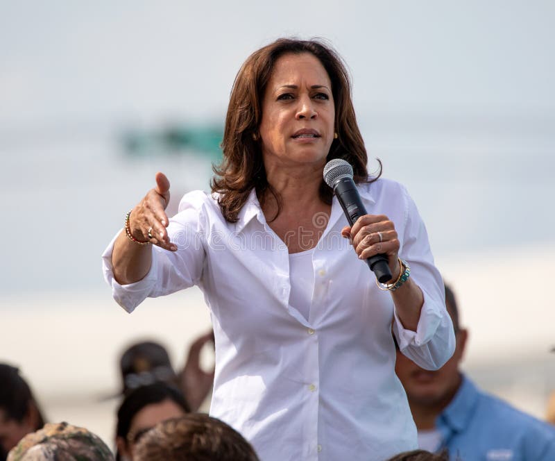 Des Moines, Iowa / USA - August 10, 2019: United States Senator and Democratic presidential candidate Kamala Harris greets supporters at the Iowa State Fair political soapbox in Des Moines, Iowa. Des Moines, Iowa / USA - August 10, 2019: United States Senator and Democratic presidential candidate Kamala Harris greets supporters at the Iowa State Fair political soapbox in Des Moines, Iowa