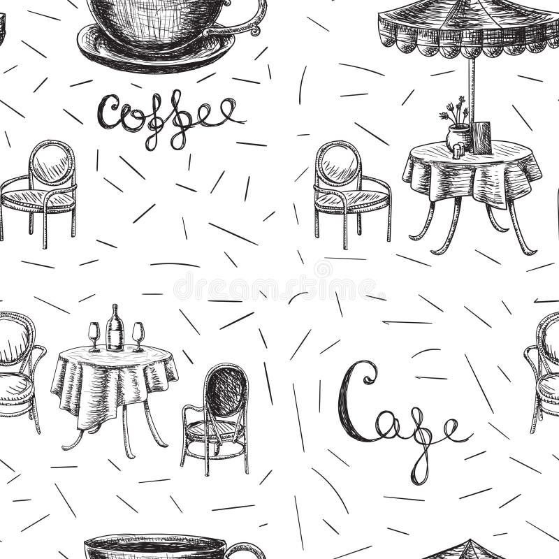 Sencilla mesa de la cafeterÃa dibujada a mano paraguas Copa botella de café. Imagen vectorial ilustración del vector Sencilla mesa de la cafeterÃa dibujada a mano paraguas Copa botella de café. Imagen vectorial ilustración del vector