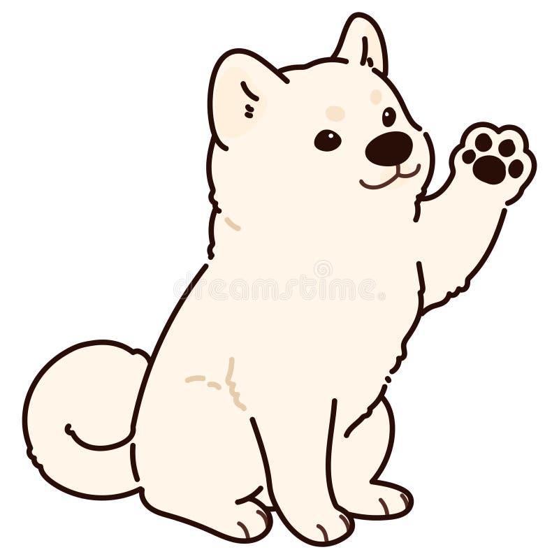 Sencillo y adorable delineado blanco Akita Perro sentado y ondeando ilustración del vector