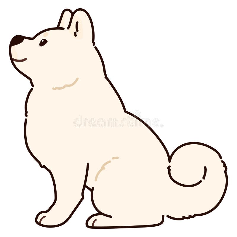 Sencillo y adorable perro Akita blanco delineado sentado a la vista lateral ilustración del vector