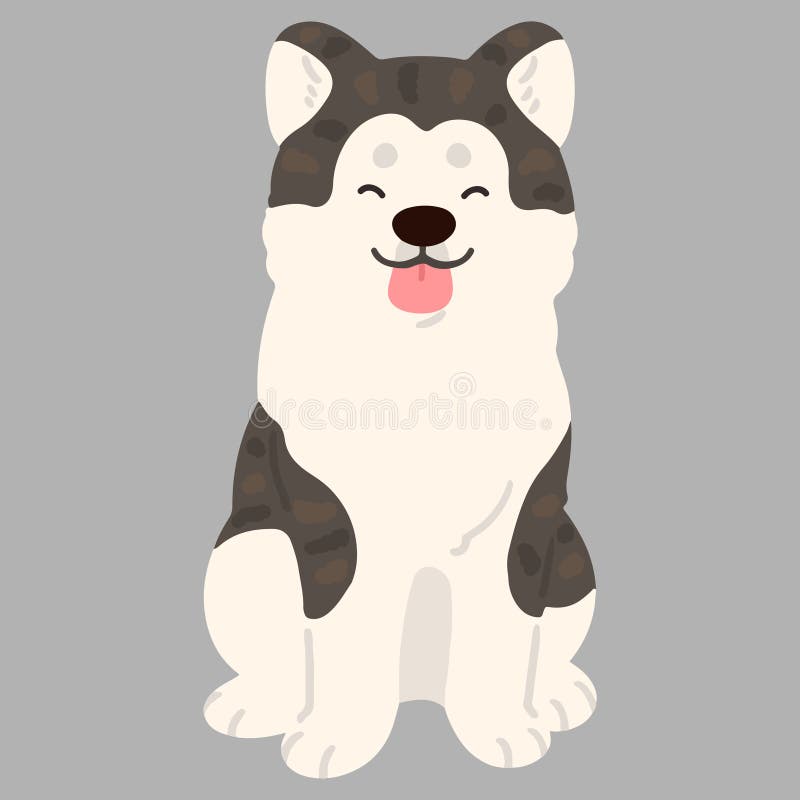 Sencillo y adorable Perro Akita de color oscuro sentado frente a la vista del frente sonriendo ilustración del vector