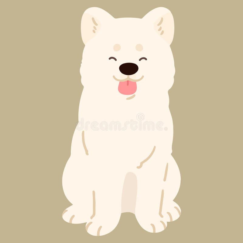 Sencillo y adorable perro de color plano sonriente blanco Akita sentado frente a la vista stock de ilustración