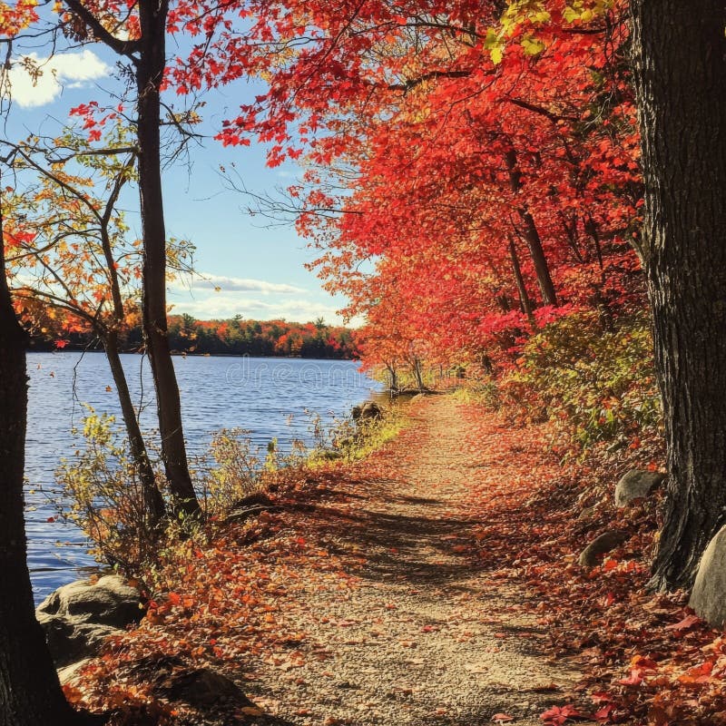 Sendero de otoño a través de vibrantes árboles rojos por un lago todavía libre illustration