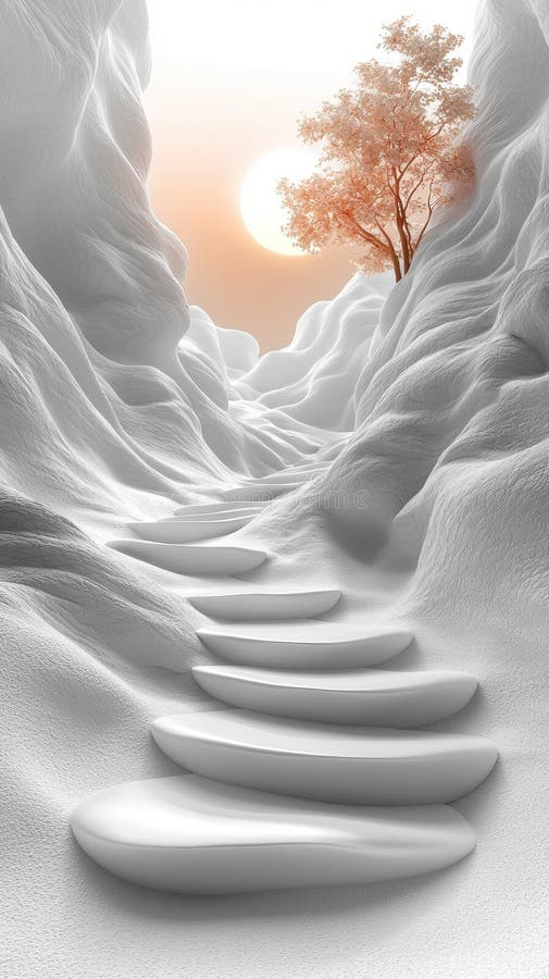 Sendero sereno de escalones blancos lisos conduce a través de un paisaje surrealista nevado hacia un sol brillante y un árbol soli imagenes de archivo