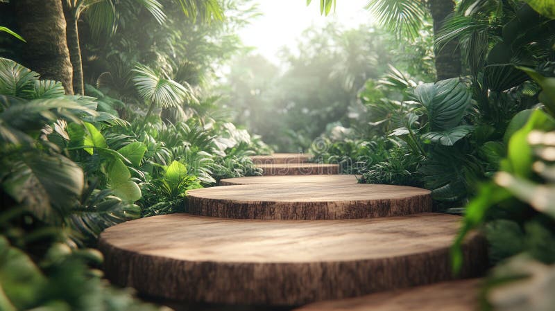 Sendero sereno a través de la exuberante selva tropical con escalones de madera iluminados por la luz del sol imagen de archivo