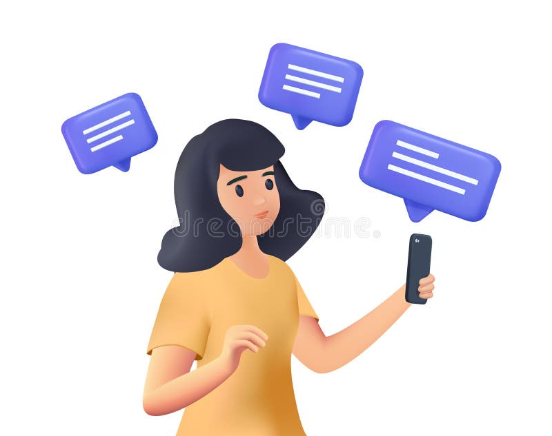Sending and receiving messages, comments on mobile phone 3D. Woman using smartphone, reading feedback, online chat. royalty free illustration