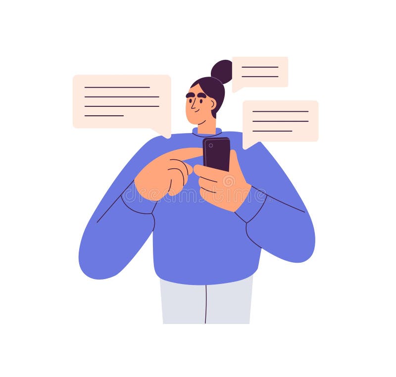Sending and receiving messages, comments on mobile phone. Woman using smartphone, reading feedback, online chat royalty free illustration