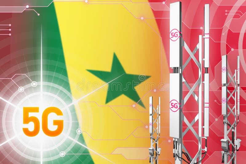 Senegal 5G industriell illustration, stor cell- nätverksmast eller torn på digital bakgrund med flaggan - illustration 3D vektor illustrationer Senegal 5G industriell illustration, stor cell- nätverksmast eller torn på digital bakgrund med flaggan - illustration 3D vektor illustrationer
