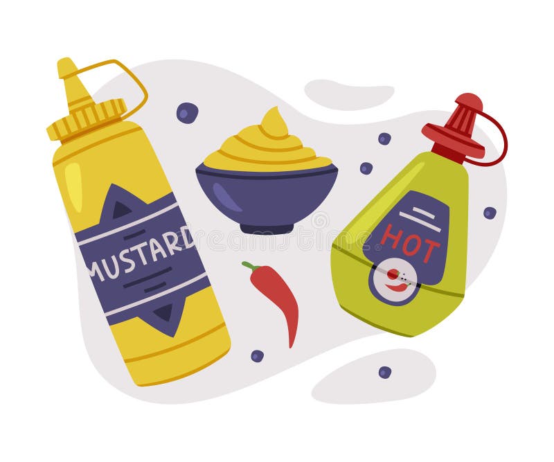 Senf und Chili-Sauce in Flasche und Schüssel mit scharfem und scharfem Senf. pikant Sauce oder Salsa als Gewürz oder Gewürz mit pungentem Geschmackskonzept