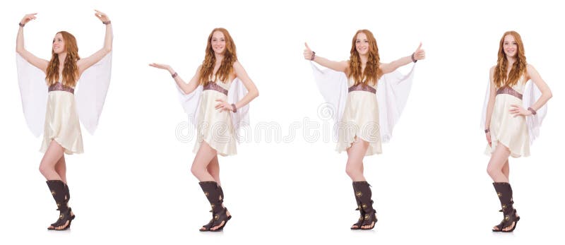 A senhora bonita no vestido encantador leve isolado no branco foto de stock royalty free A senhora bonita no vestido encantador leve isolado no branco foto de stock royalty free