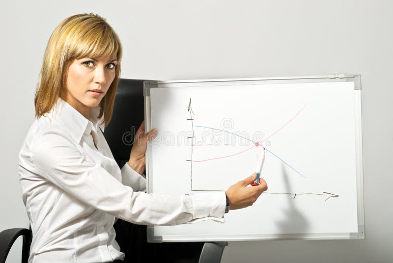 Senhora do negócio que aponta a Whiteboard imagem de stock Senhora do negócio que aponta a Whiteboard imagem de stock