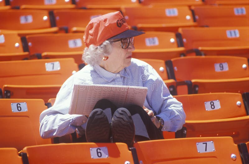 Senior Baseball Fan Taking Statistics during Game, Candlestick Park