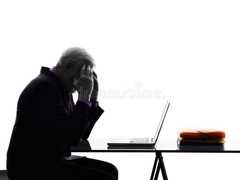 Senior business man computing tired headache silhouette stock photos Senior business man computing tired headache silhouette stock photos
