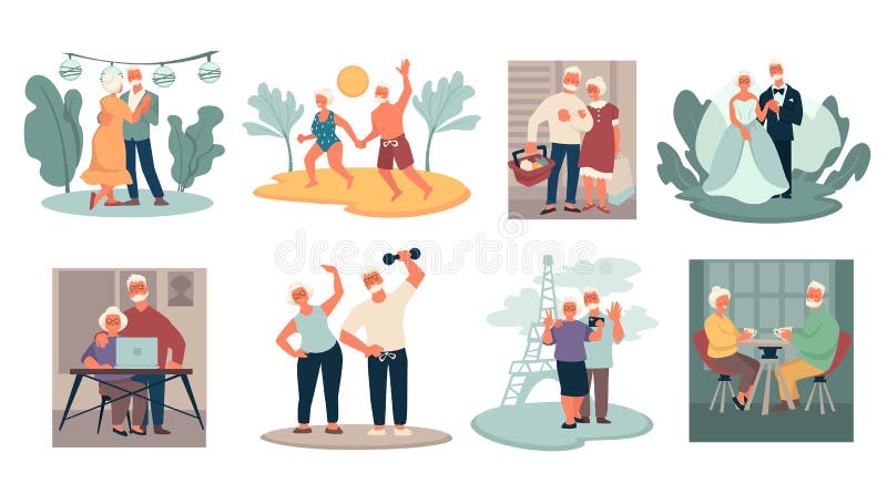 Elderly couple, senior characters, happy active retirement, isolated icons vector. Dancing and vacation on beach, shopping and wedding, modern technologies. Sports and traveling, tea drinking. Elderly couple, senior characters, happy active retirement, isolated icons vector. Dancing and vacation on beach, shopping and wedding, modern technologies. Sports and traveling, tea drinking