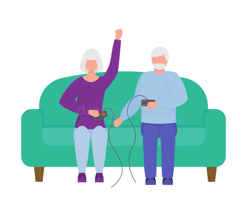 Senior citizens playing video game holding joysticks. rest for the elderly. an elderly man and an elderly woman are playing a video game. elderly people are resting. vector illustration