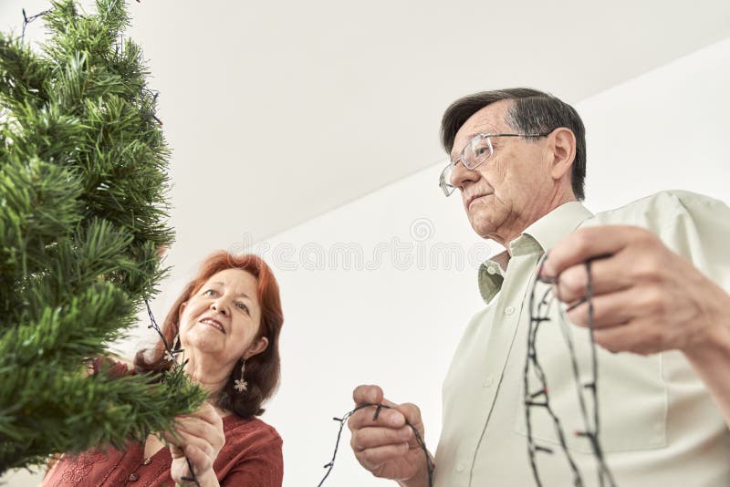 Senior Couple Decorating a Christmas Tree Putting a String of Led