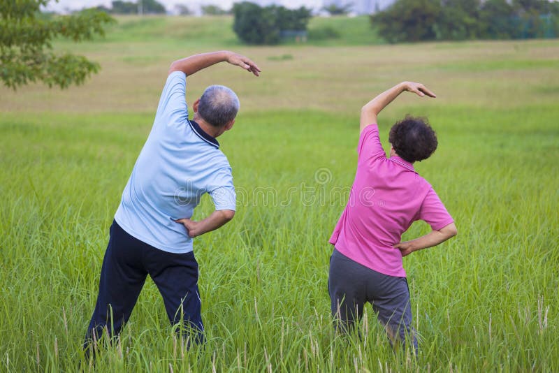 Senior couple doing gymnastics in the park.healthy concept