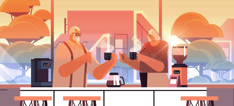 senior couple drinking coffee and talking together at home kitchen horizontal vector illustration