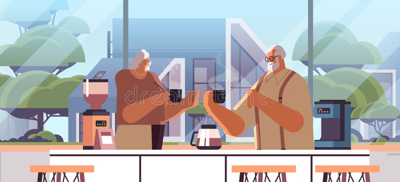 senior couple drinking coffee and talking together at home kitchen horizontal vector illustration