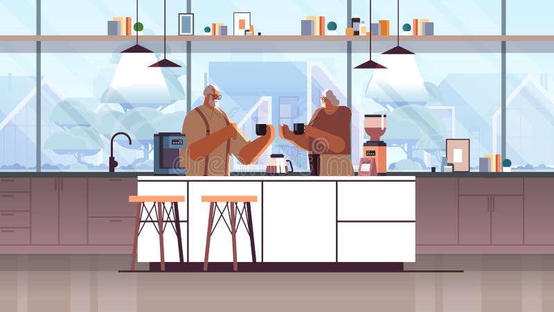 senior couple drinking coffee and talking together at home kitchen horizontal vector illustration