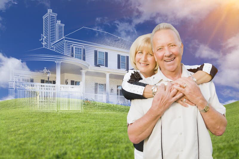 Senior Couple In Front of Ghosted House Drawing, Partial Photo and Rolling Green Hills Behind. Senior Couple In Front of Ghosted House Drawing, Partial Photo and Rolling Green Hills Behind.
