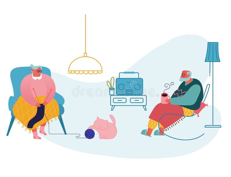 Senior Couple Relax Sitting in Living Room. Woman Knitting Clothing, Man Drinking Tea and Listen to Radio. Granny and Grandpa Spare Time at Home, Grandparents Leisure. Cartoon Flat Vector Illustration