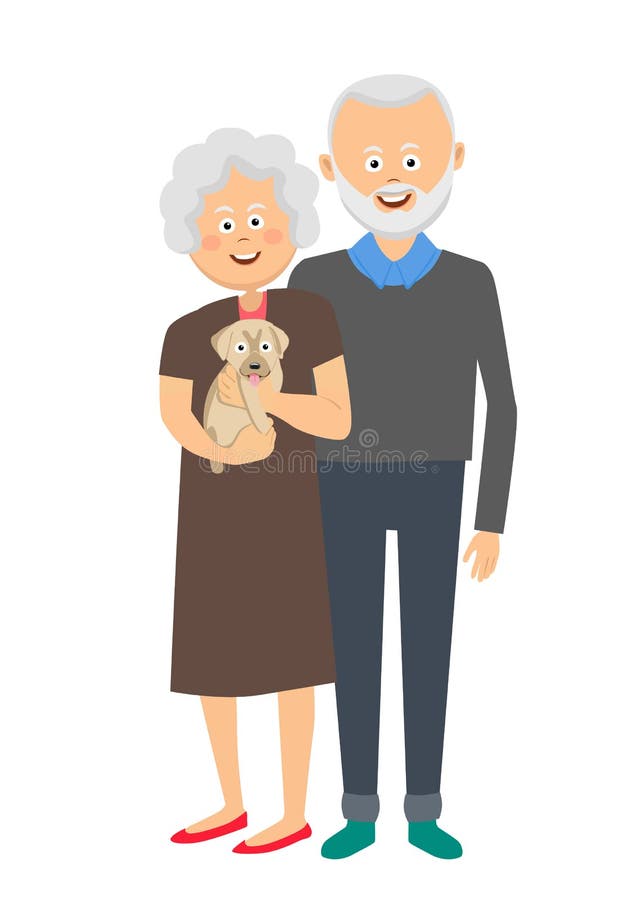 Senior couple standing with a puppy dog vector illustration Senior couple standing with a puppy dog vector illustration
