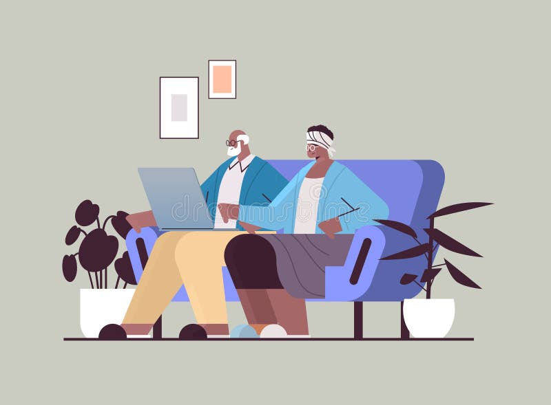 Senior couple using laptop grandparents relaxing at home social media network online communication concept stock illustration