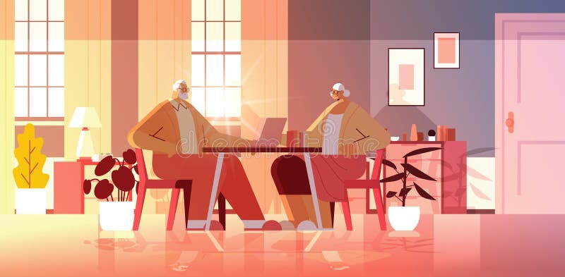 Senior couple using laptop grandparents relaxing at home social media network online communication concept stock illustration