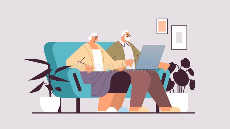 Senior couple using laptop grandparents relaxing on sofa at home social media network online communication concept vector illustration