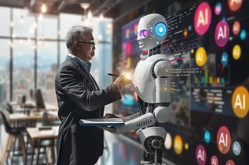 Senior engineer interacts with AI interface in high tech lab holographic display futuristic workplace advanced robotics digital stock illustration