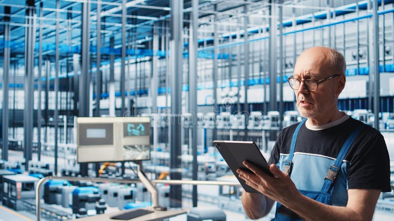 Senior engineer using tablet in smart solar panels manufacturing factory royalty free stock images