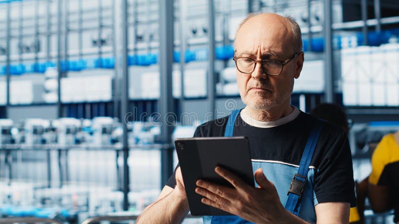 Senior engineer using tablet in smart solar panels manufacturing factory stock image