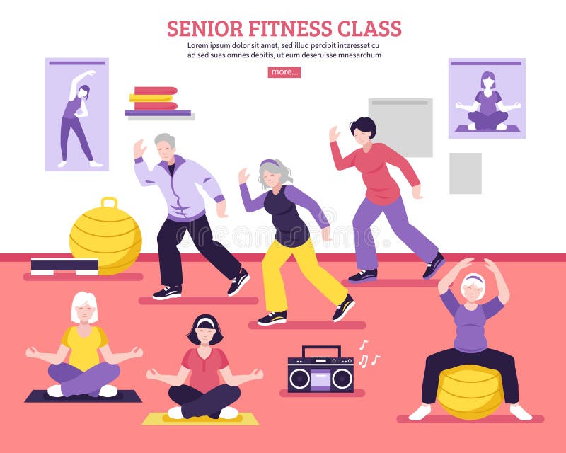 Senior Fitness Class Flat Poster Stock Vector Illustration of