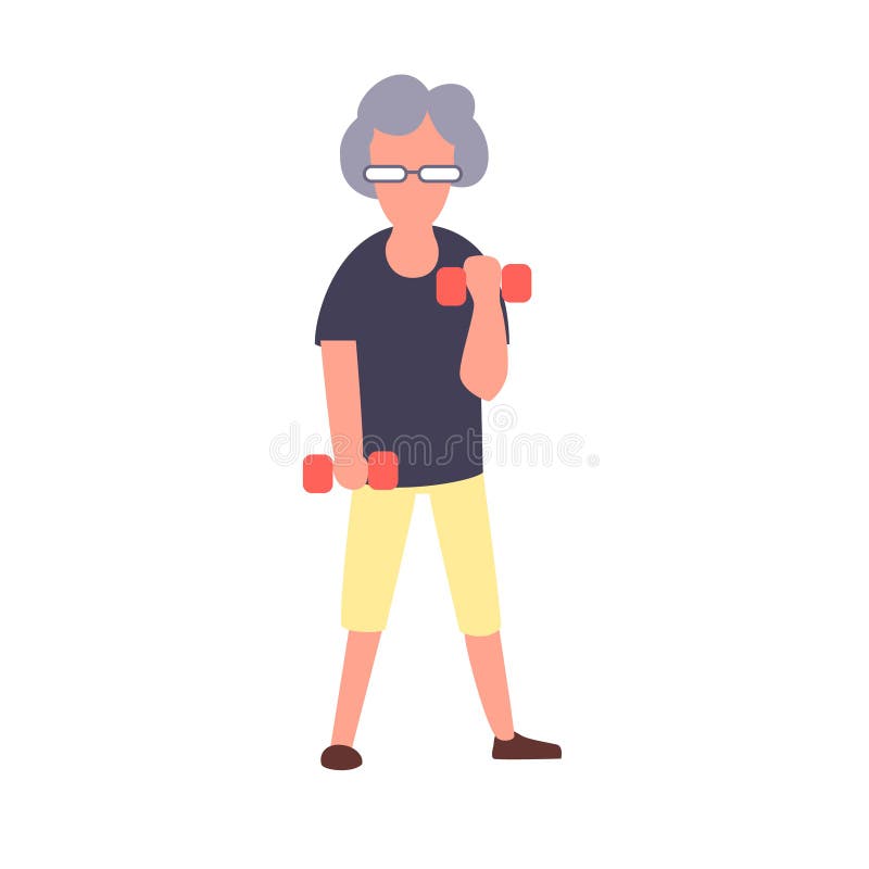 Senior fitness woman training with dumbbells. Recreation and leisure senior activities concept. Cartoon elderly female royalty free illustration Senior fitness woman training with dumbbells. Recreation and leisure senior activities concept. Cartoon elderly female royalty free illustration