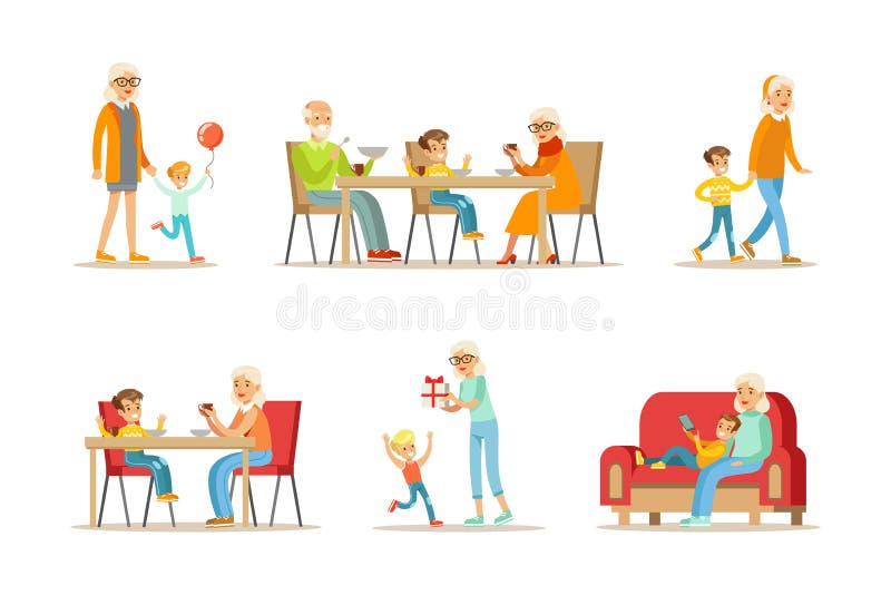 Senior Granny Spending Time with Grandchildren Walking, Drinking Tea, Giving Gift Box and Resting on Sofa Vector Set. Aged Grey-haired Grandmother with Grandson