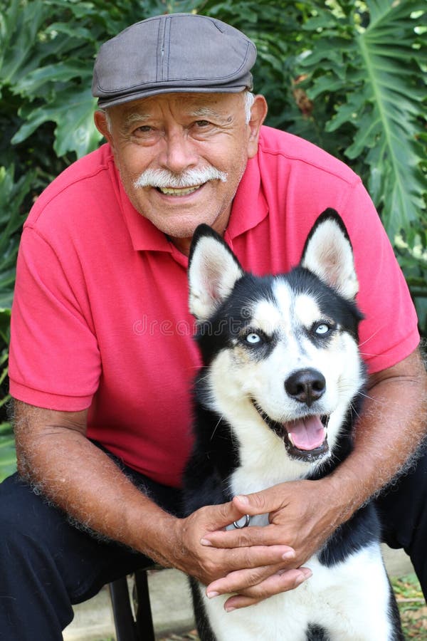 Senior Hispanic Man Hugging His Siberian Husky Stock Photo Image of