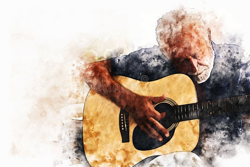 Abstract senior man playing acoustic Guitar in the foreground on Watercolor painting background and Digital illustration brush to art. Abstract senior man playing acoustic Guitar in the foreground on Watercolor painting background and Digital illustration brush to art.