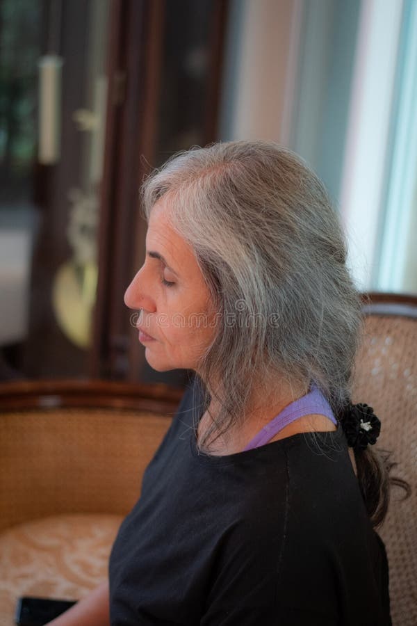 Senior Indian Woman with Grey Hair and Glowing Skin, Meditating in the  Morning. Stock Image - Image of hills, leisure: 156931613