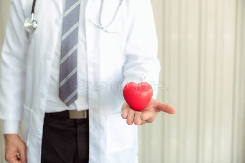 Senior male medicine doctor holding heart on abstract background., Close-up portrait of professional doctor giving red heart toy