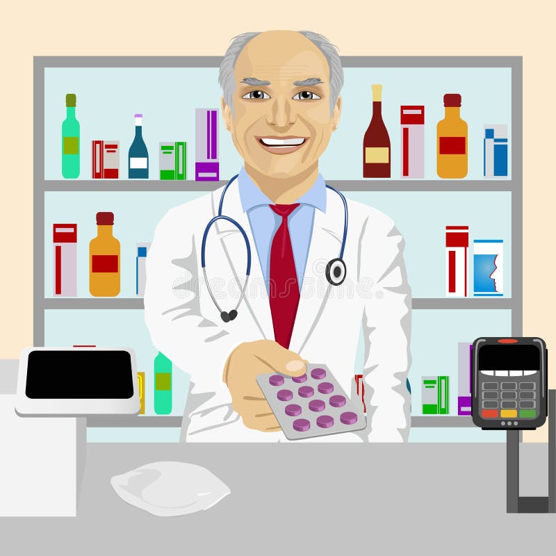 Senior male pharmacist giving pills in blister pack standing in a drugstore in front of medications on showcase royalty free illustration Senior male pharmacist giving pills in blister pack standing in a drugstore in front of medications on showcase royalty free illustration