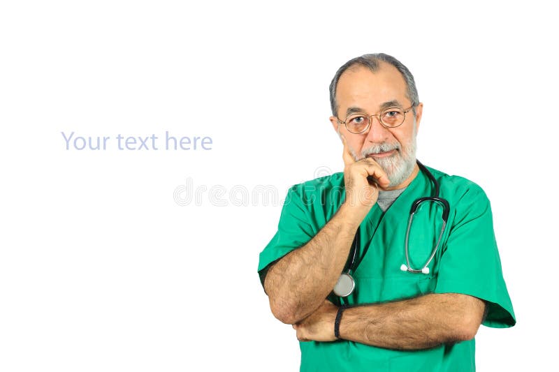 Senior male surgery operator doctor with green uniform standing isolated on white