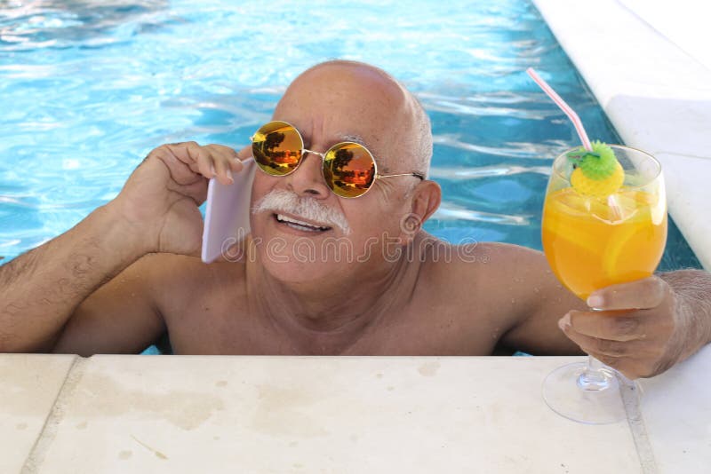 Senior Man Drinking Beer In Swimming Pool Stock Photo Image Of Beverage Pool