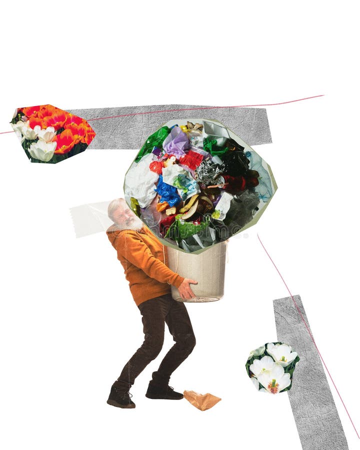 Senior man carrying giant garbage bin, taking care after nature, cleaning surroundings. Contemporary art collage. Concept of ecology, environment, problem, awareness