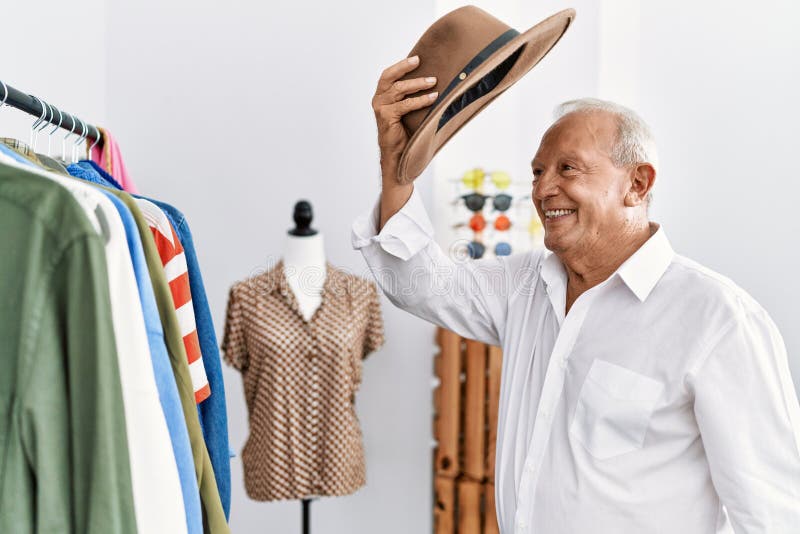 Senior Man Customer Wearing Hat at Clothing Store Stock Image Image