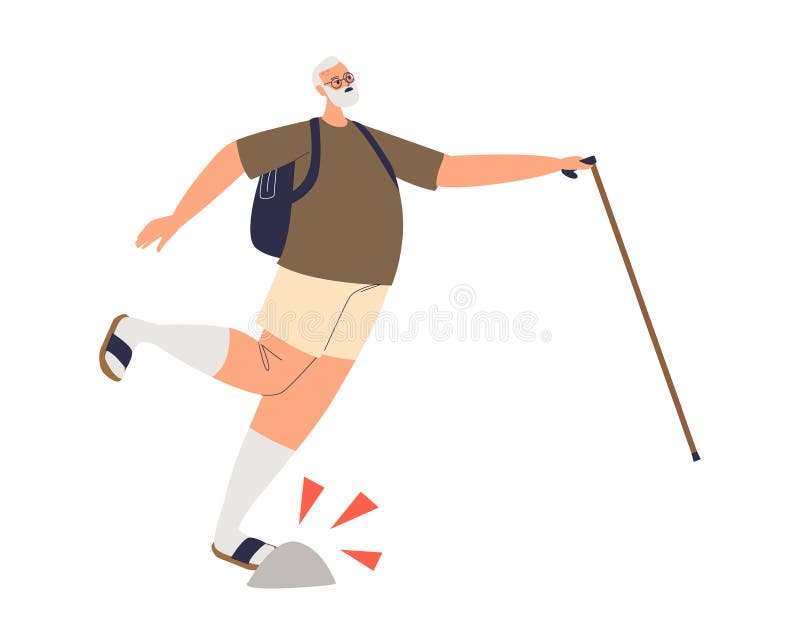 Senior Man Fall Walk with Stick Hurt Foot. Old Male Cartoon Character Got  Injured Suffer from Pain Stock Vector - Illustration of elder, people:  229150023